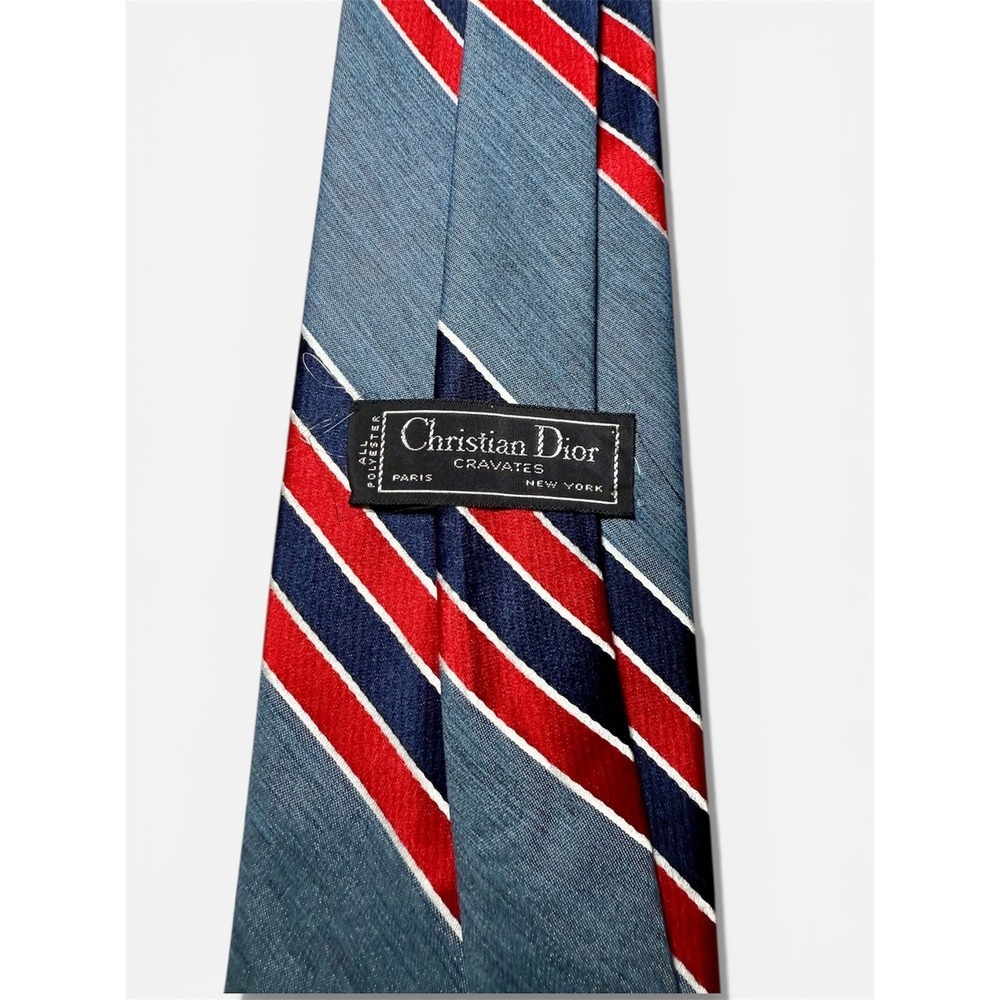 Christian Dior Cravates Paris New York Striped Necktie Mens Polyester Blue Red - Picture 3 of 6